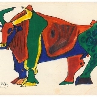 Yuan Yunsheng, Ox，Watercolor and pen on paper, 23.5x18cm,1980