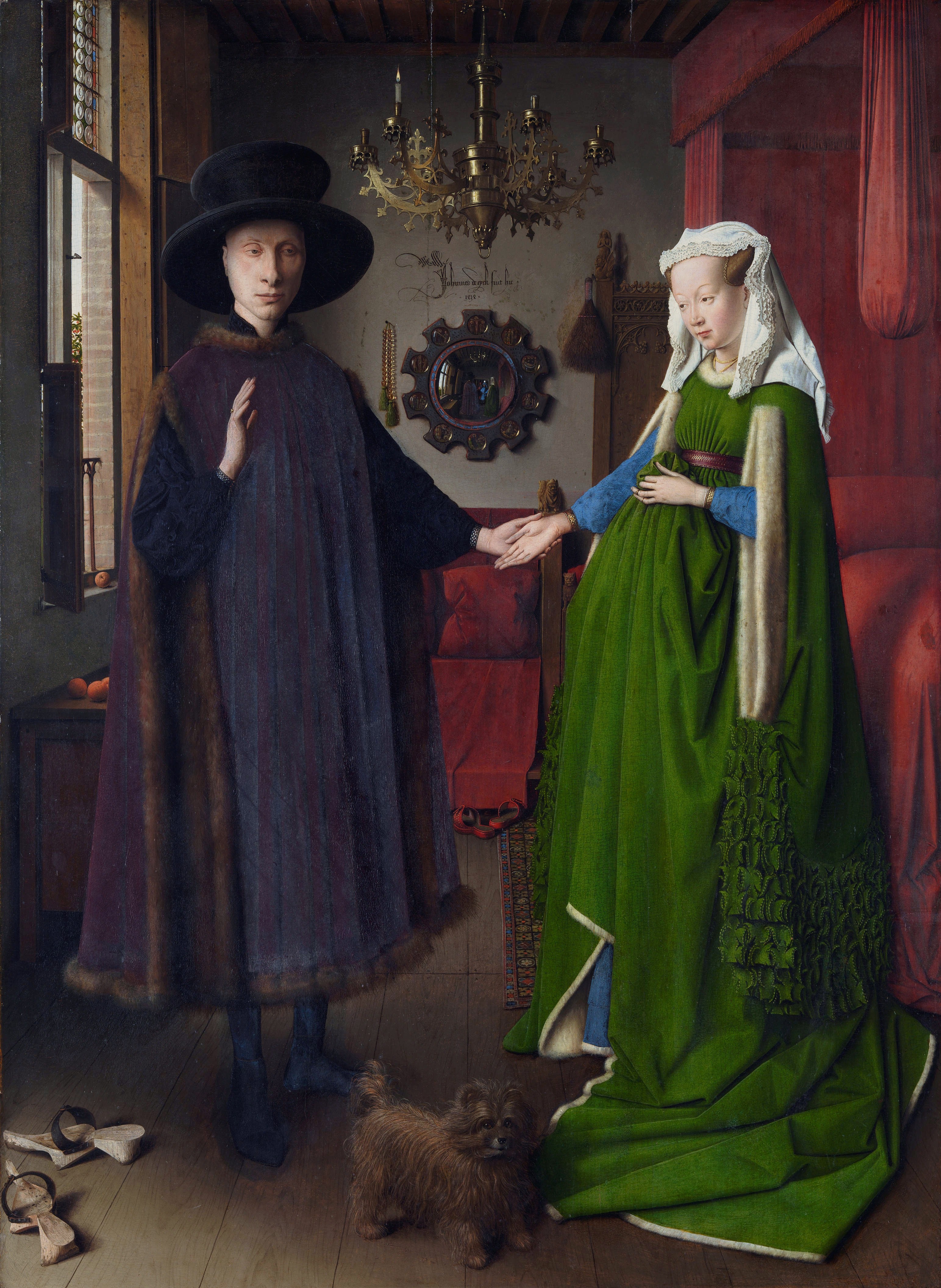 杨·凡·艾克（Jan Van Eyck），《阿尔诺芬妮夫妇像》，1434 年,  82.2 cm × 60 cm 木板，坦培拉和油彩， 伦敦国立美术馆.jpg