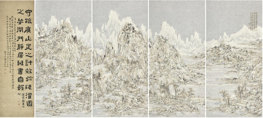 Wang Tiande, Reading the Stele in Light Snow 1-5, 2019; Ink, rubbing and burn marks on xuan paper, 166x80cmx4.jpg