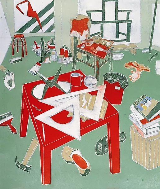 Mao Xuhui, Red Square Table, My Studio, 2009-2010; Oil on canvas, 180x150cm.jpg