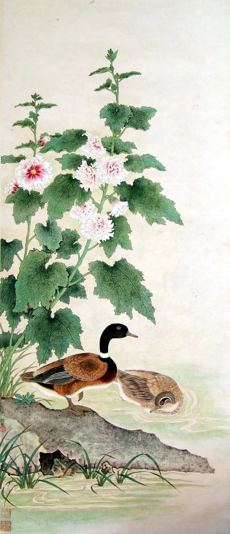 陈佩秋  蜀葵泳鸭  1963年  135×57cm.jpeg