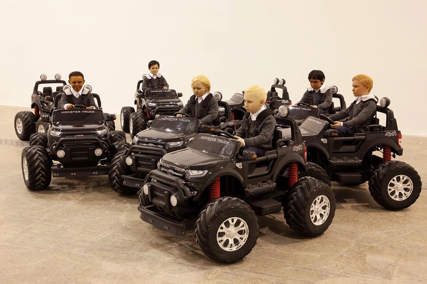 Li Wei, Once Upon a Time, Silicone, human hair, clothes, electric toy cars, 2020.jpg