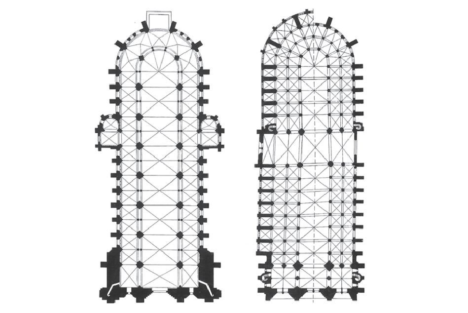 图8、图12世纪哥特式教堂平面图：左为桑斯大教堂，右为巴黎圣母院.jpg