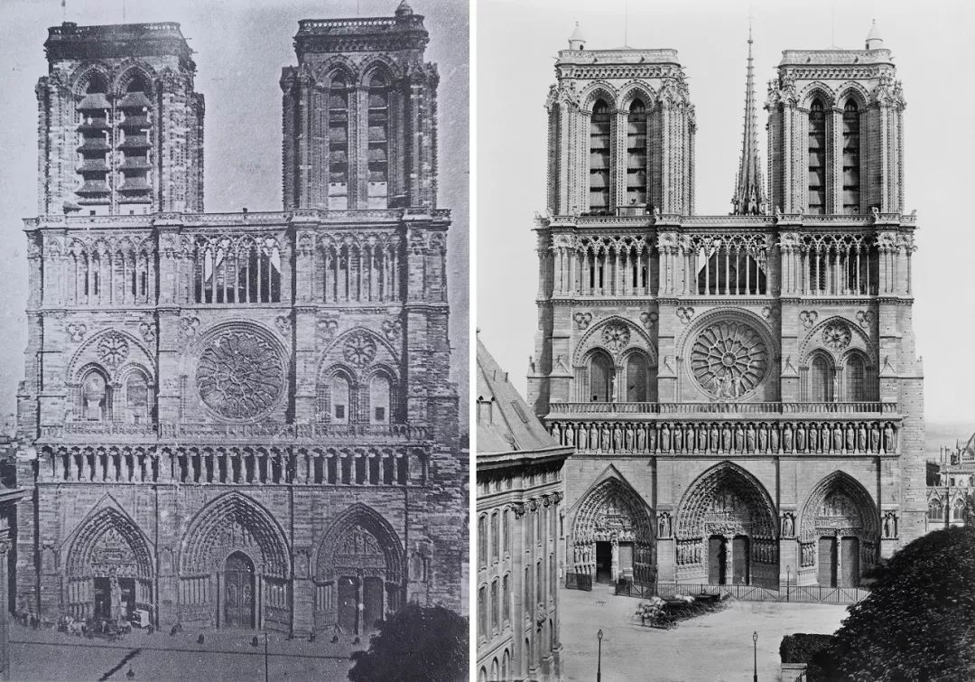 图14-15、修复前的巴黎圣母院西立面 1840年（左）、修复后的巴黎圣母院西立面 1851—1870年（右）.jpg