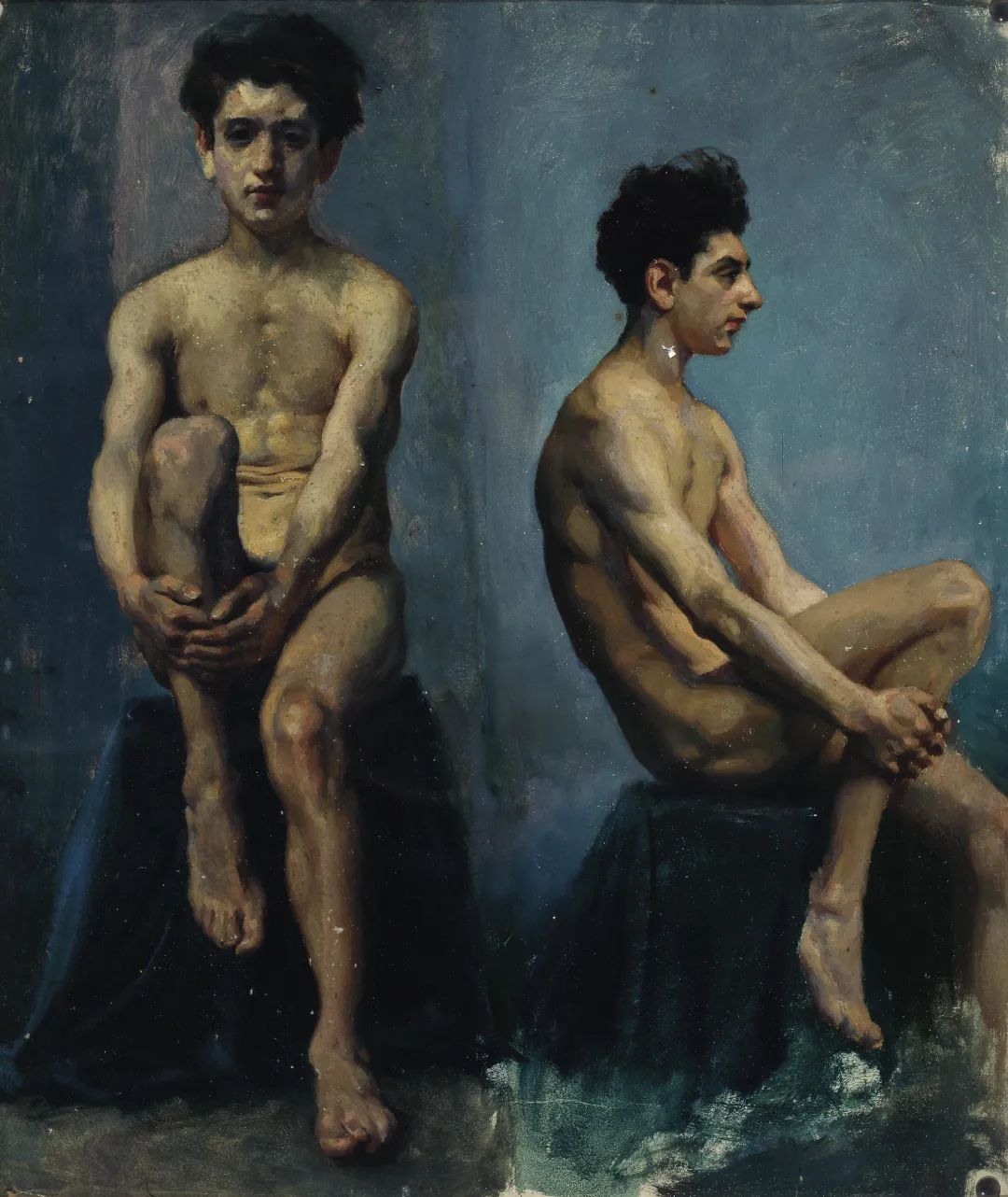 16 Xu Beihong, “A Front and Side Sketch of Man Nude”, 52×44cm, Oil on paper, 1924.jpg