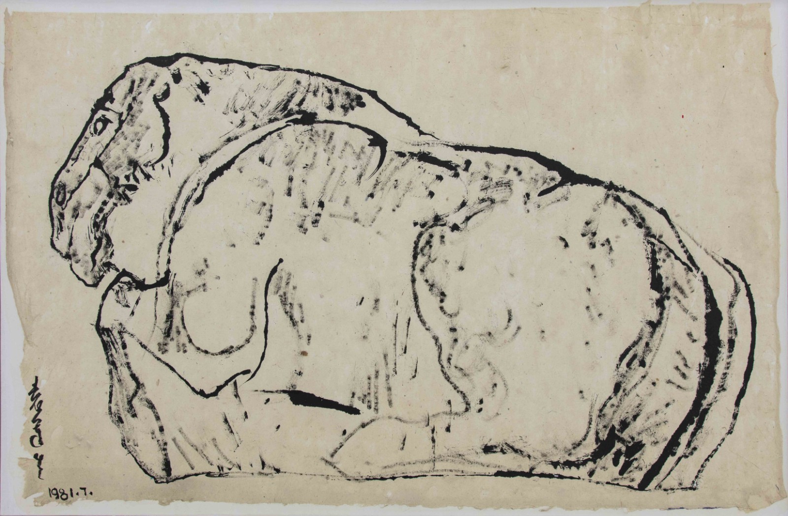 10 霍去病墓石马侧面写生Side Sketch of Stone Horse in Huo Qubing's Tomb， 65x97cm 纸本水墨 1981.jpg