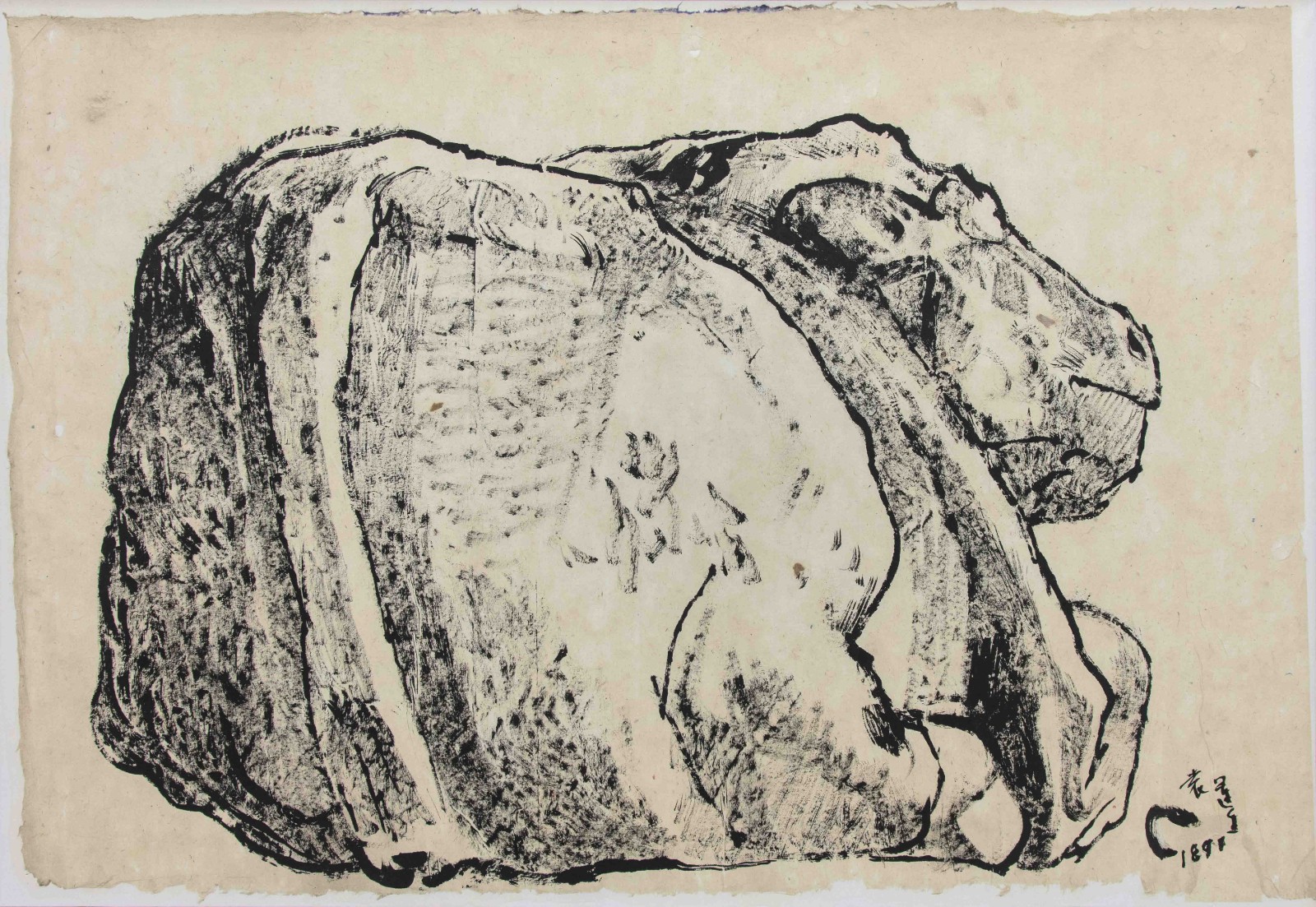 11 霍去病墓石牛侧面写生Side Sketch of Stone Cow in Huo Qubing's Tomb， 纸本水墨 65x93.5cm 1981.jpg