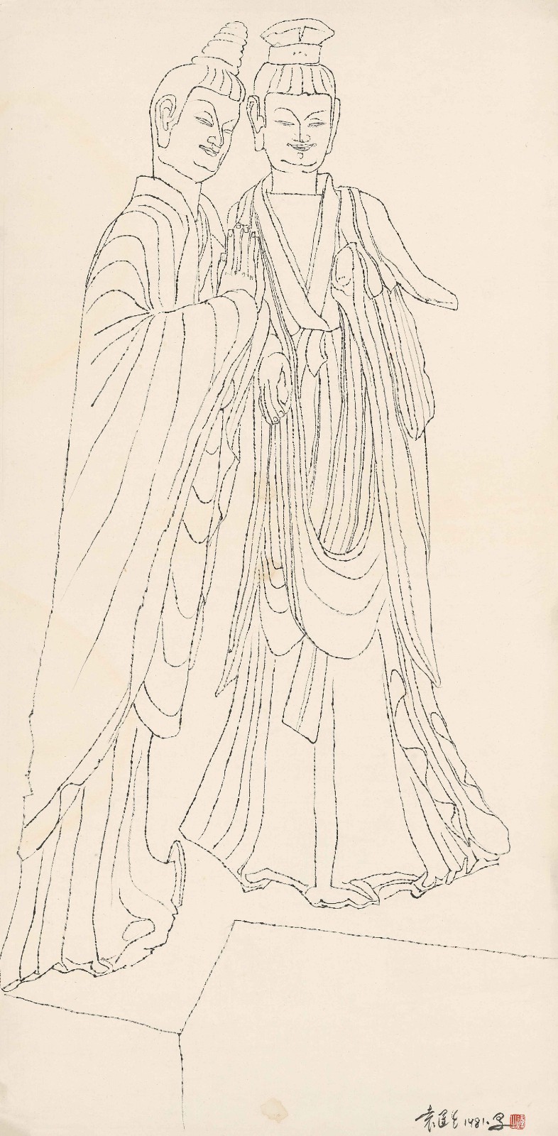 14 麦积山双佛像白描Line drawing of Maiji Mountain double Buddha statues，138.5x69.5cm，宣纸水墨，1981.jpg