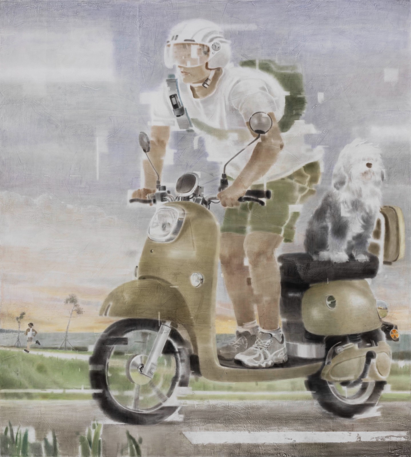 Xia Yu,  Electric Bicycle, Sunset and Dog, 2021,  Tempera on wood, 200×160cm.jpg