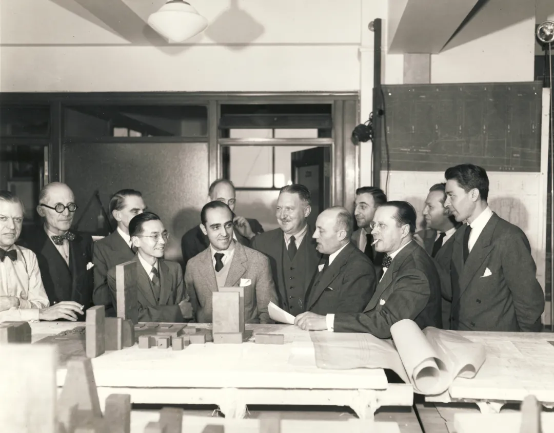 A photo taken in 1947 showing Liang Sicheng (fourth from left) as the Chinese representative in the Design Board which designed the United Nations headquarters in New York..png