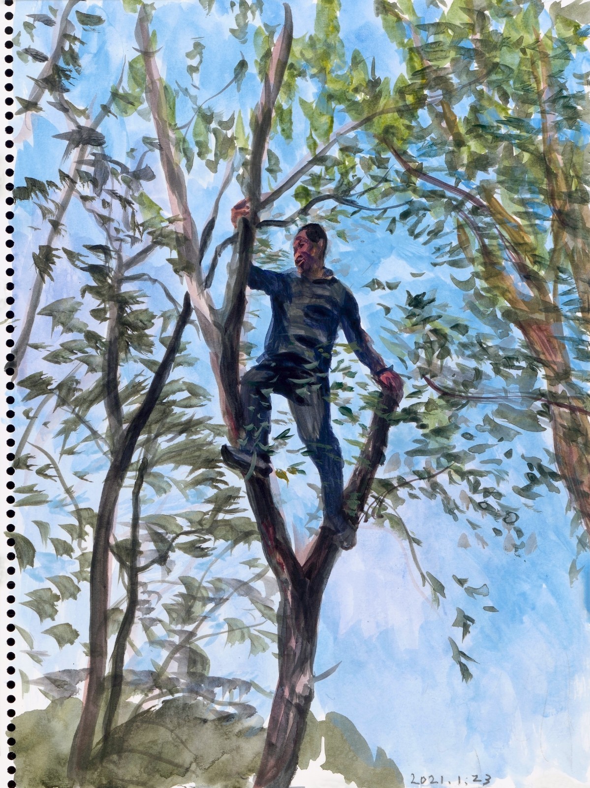 15 Liu Xiaodong, Yang Hua Climbing a Tree, 2021, Watercolor on paper, 34×25.5 cm. Courtesy the artist..jpg