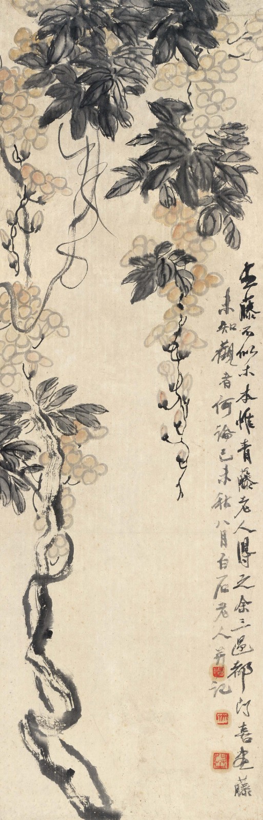 紫藤图 齐白石 106cm×34cm 纸本设色 1919年 北京画院藏.jpg