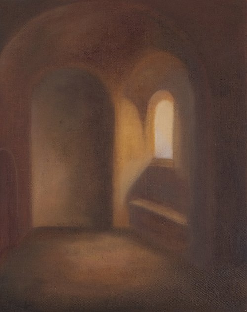 Suyi Xu, Consulting Lights(Study of Rembrandt Removing the figure), 2022. Oil on linen, 14x11 inches ©Suyi Xu, Photograph by Xi Zhou, courtesy of Fou Gallery..jpg