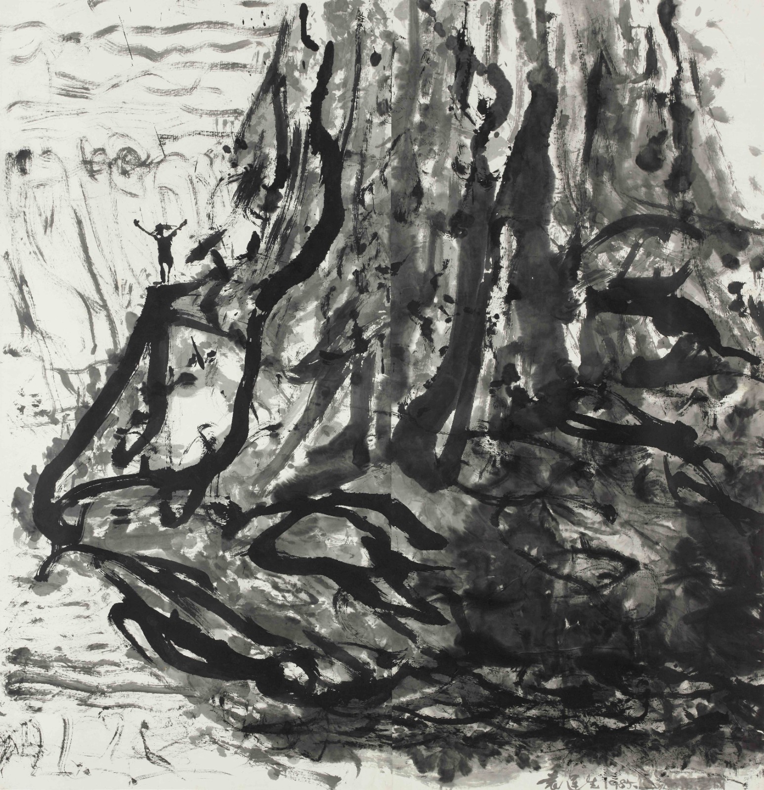 袁运生 Yuan Yunsheng，《峭壁旁的呼唤》Call from the cliff，纸本水墨 Ink on paper，136x136cm 1991.JPG