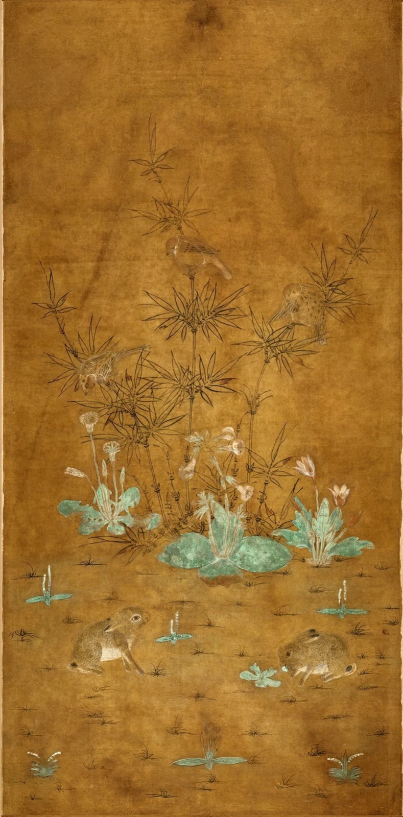 16辽 佚名，竹雀双兔图，绢本设色，113.4x56.2cm，辽宁博物馆藏，出土于辽宁省法库县叶茂台七号辽墓.jpg