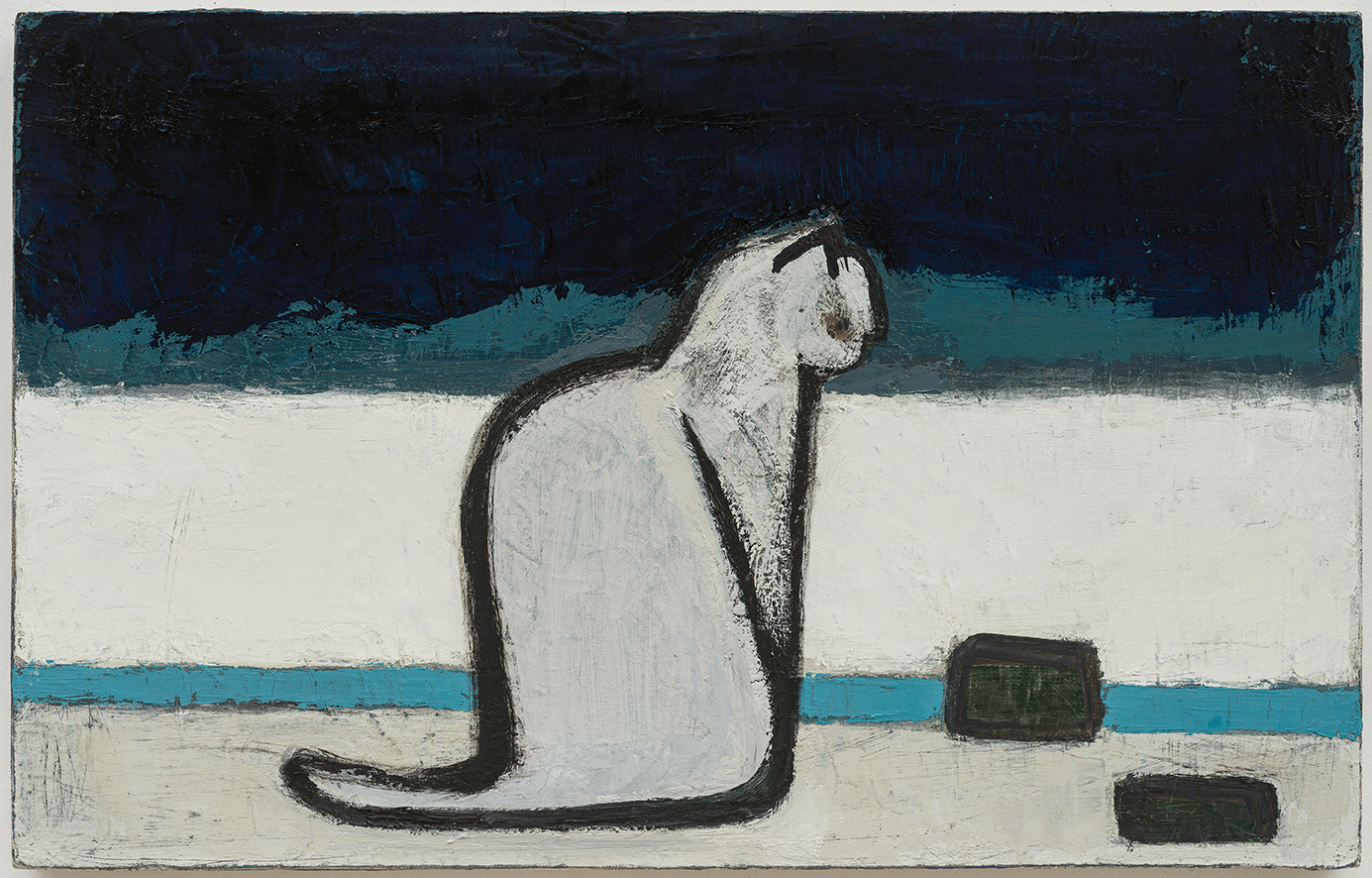 无题——海边的猫与石头 Untitled—Cat by Seaside and Stones，2020-2022，布面油画 oil on canvas，45×71 cm.png