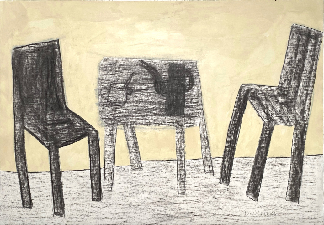 Tafel en stoelen in houtskool, 76.5cm × 53.5cm, Acrylic on paper, 2001.png