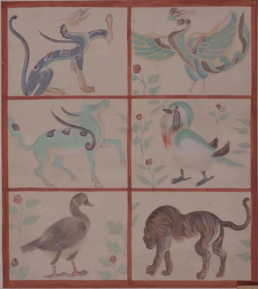 Ye Qianyu, Replicas of Mural Paintings from Dunhuang Grottoes, Rare Birds and Beasts, Ink and color on paper, 63cm×56cm, 1954, Collection of CAFA Art Museum.jpg